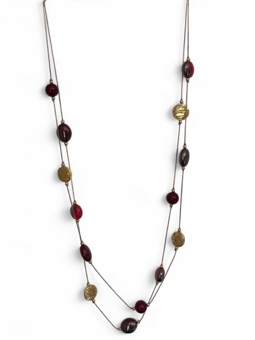 Long Multi-Bead Necklace with Burgundy and Gold Accents
